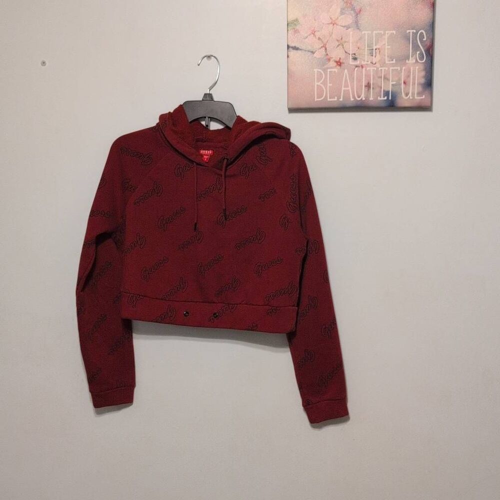 Guess Size S Monogram Red Crop Hoodie Hooded Sweatshirt